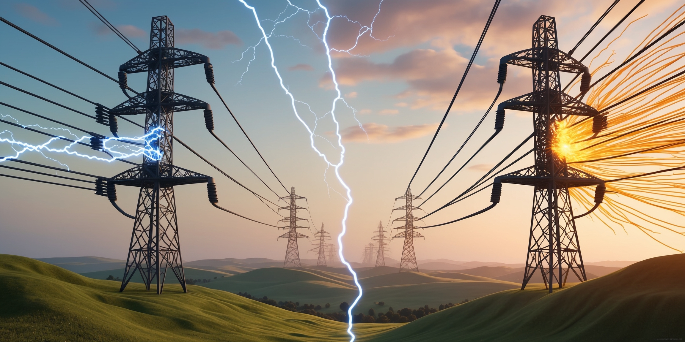 High-Voltage Power Line at Dawn