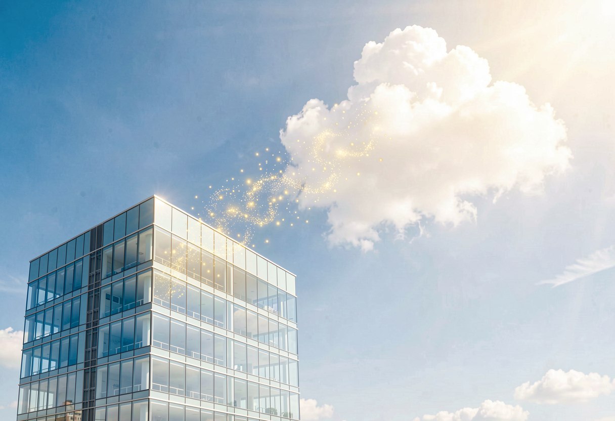 Sensible Betriebsdaten strömen als Datenpartikel aus einem Werk in eine externe Cloud