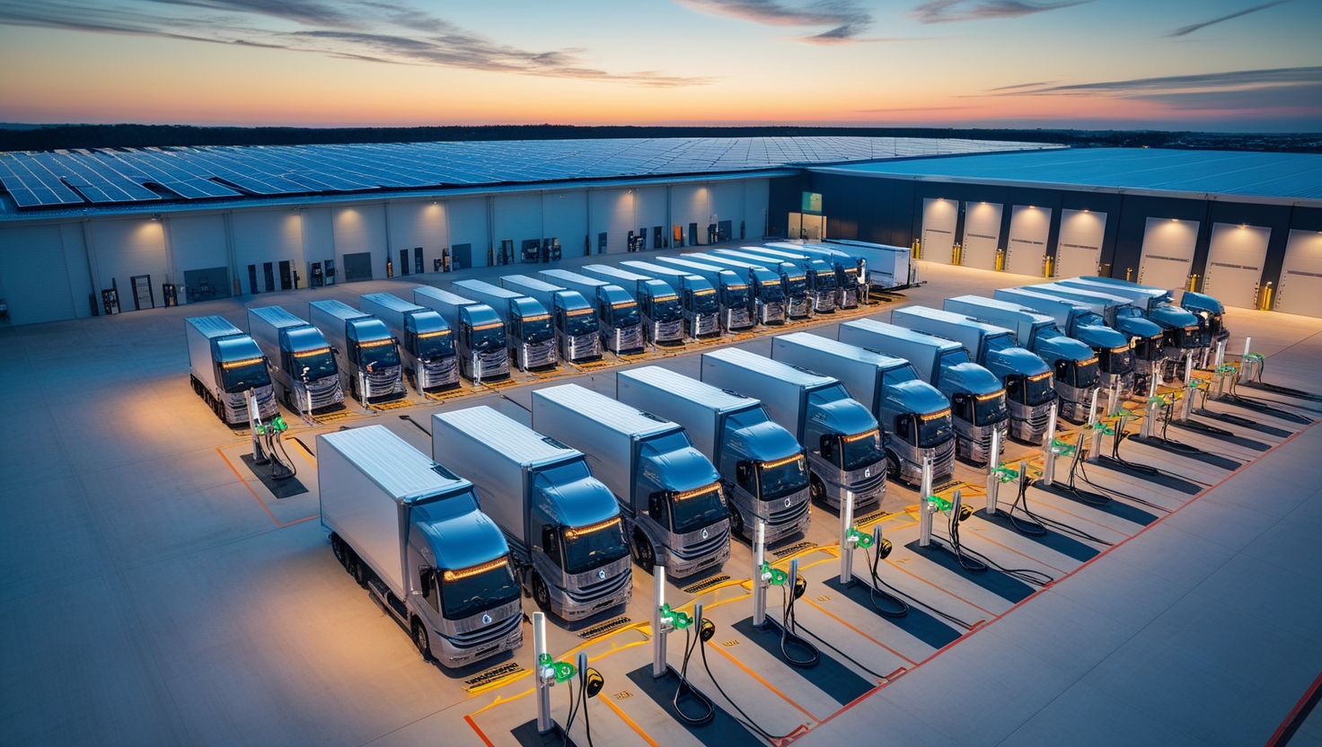 30 eActros 600 E-Lkw beim Laden im Depot mit moderner Ladeinfrastruktur