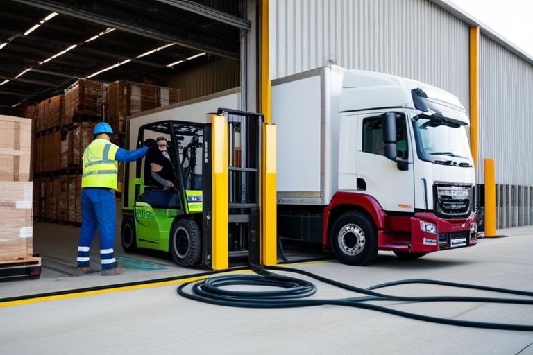 E-Lkw laden während Be-/Entladung