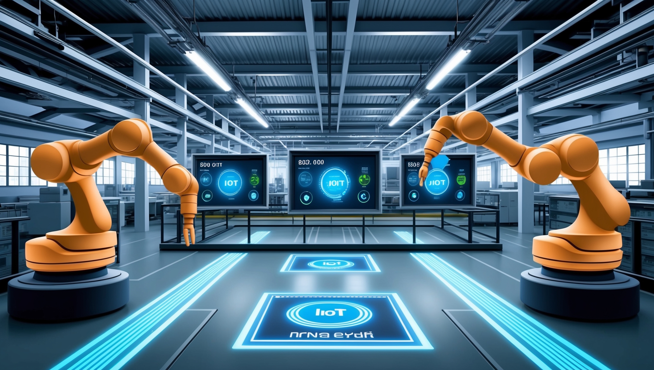 Moderne Industriehalle mit IoT-Sensoren und Energiemonitoring