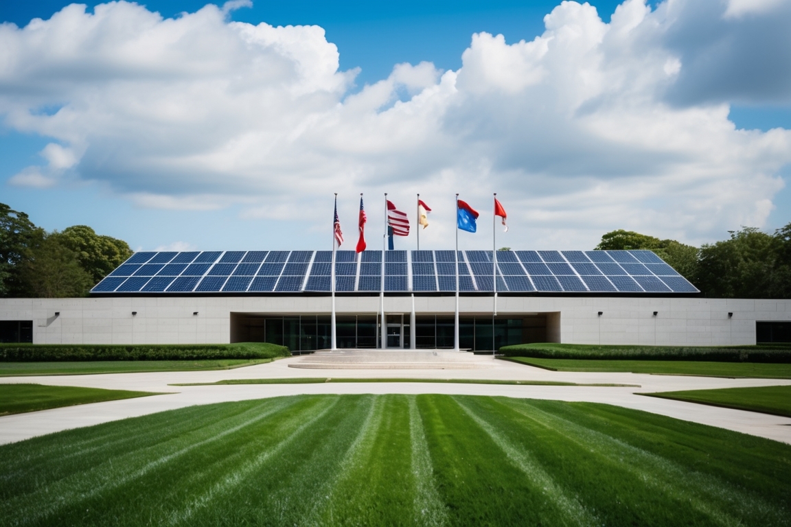 Government building with solar panels and smart grid infrastructure