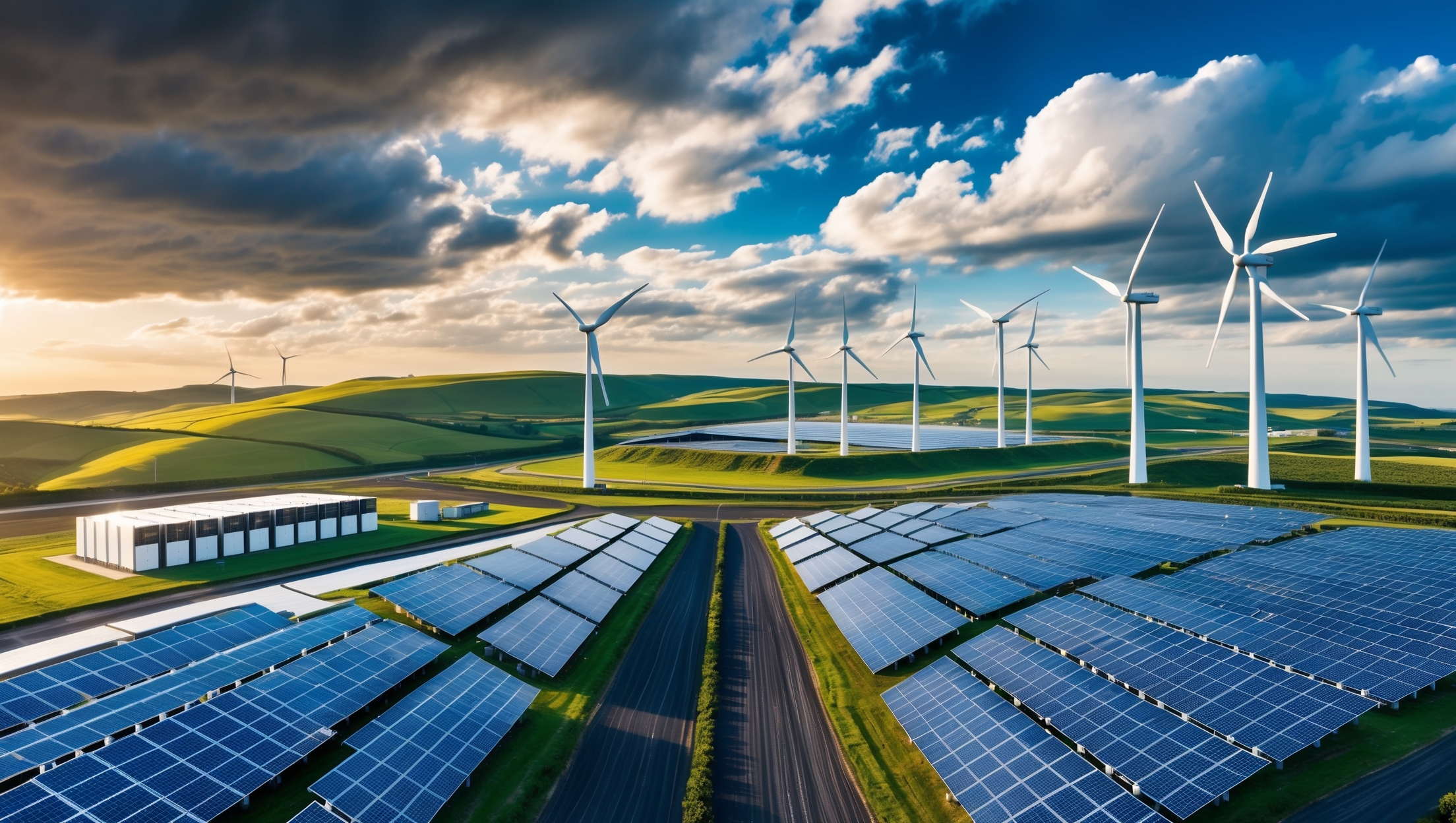 Erneuerbare Energien Park mit Solaranlagen und Windturbinen