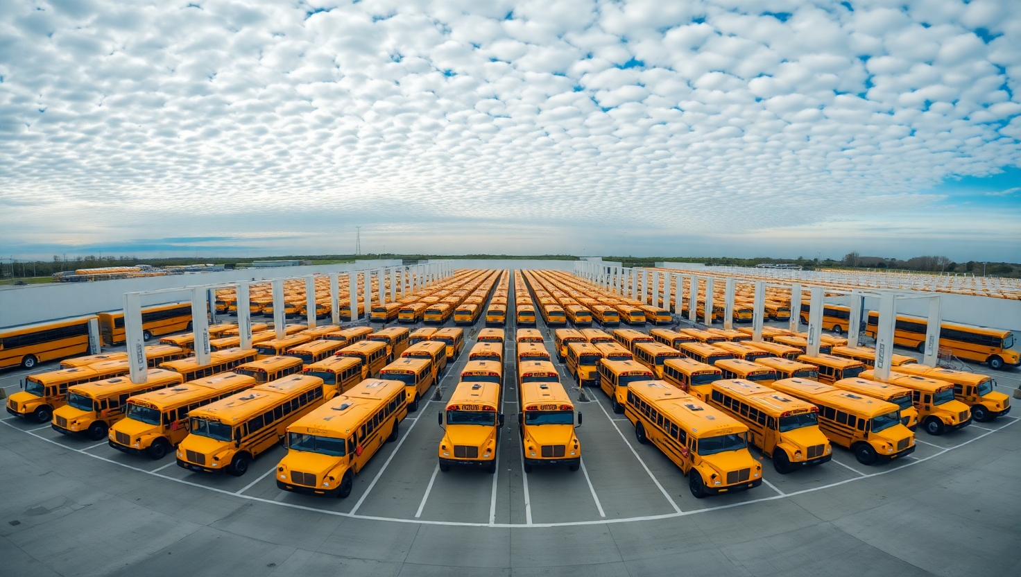 Aerial view of 50 electric school buses at charging depot