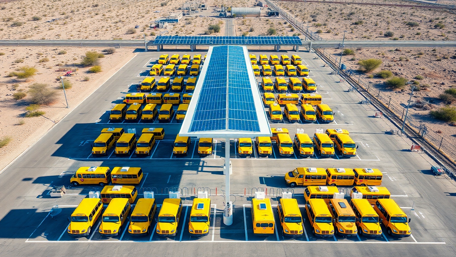 Wide angle view of school bus charging facility