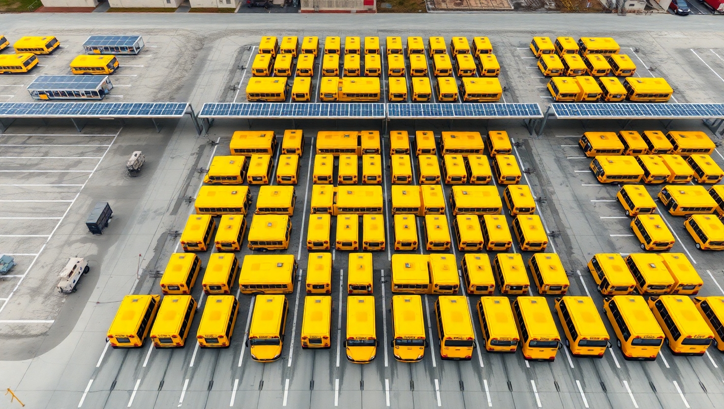 Dramatic sunset silhouette of electric bus depot